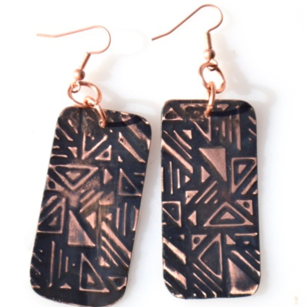 Copper Earrings Embossed Geometric Handmade Tribal - Picture 2 of 6